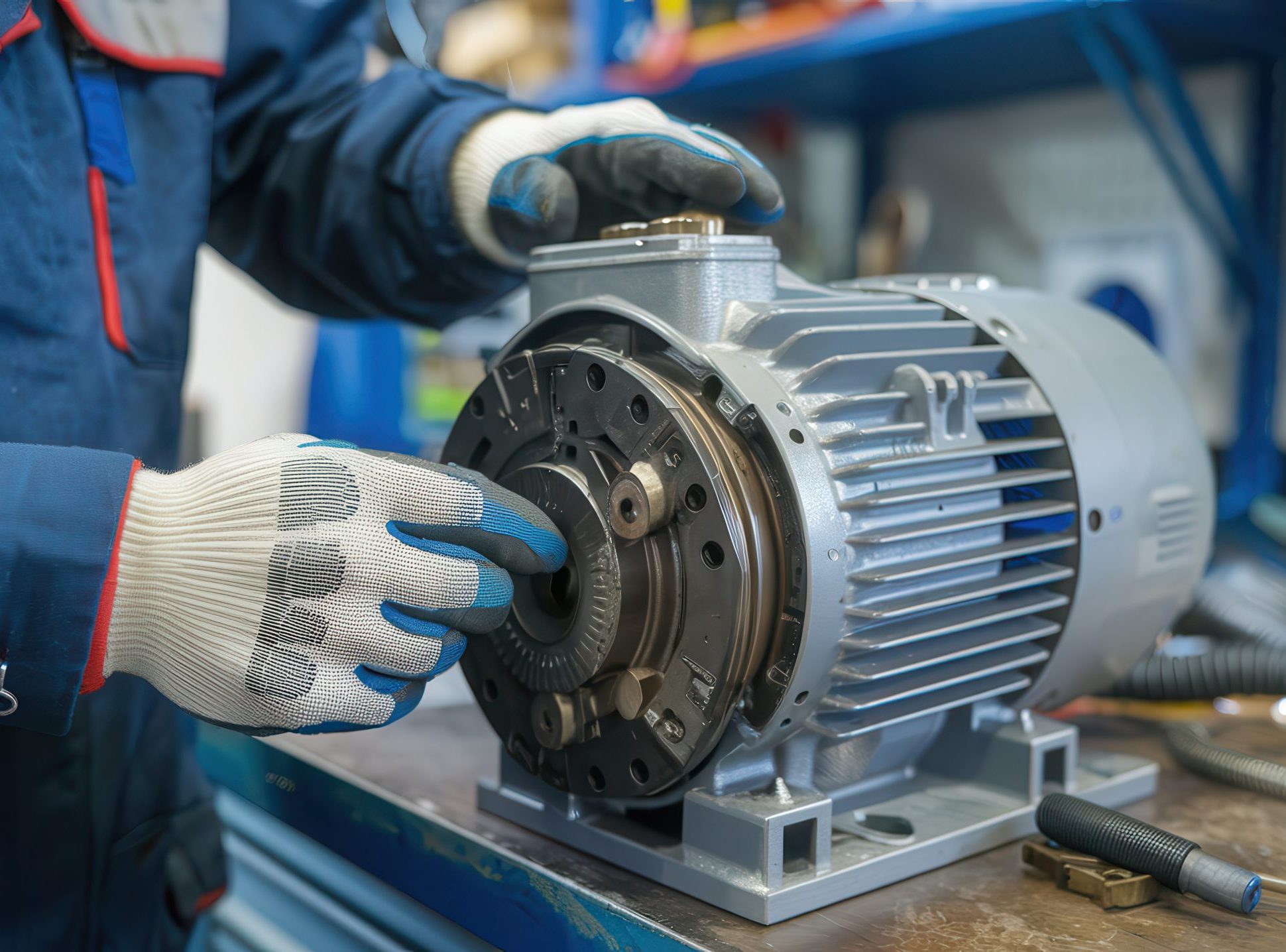 Technician repairing an electric motor in a workshop environment.